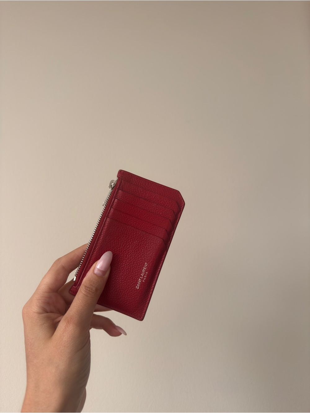 Saint Laurent Red Leather Zip Card Holder